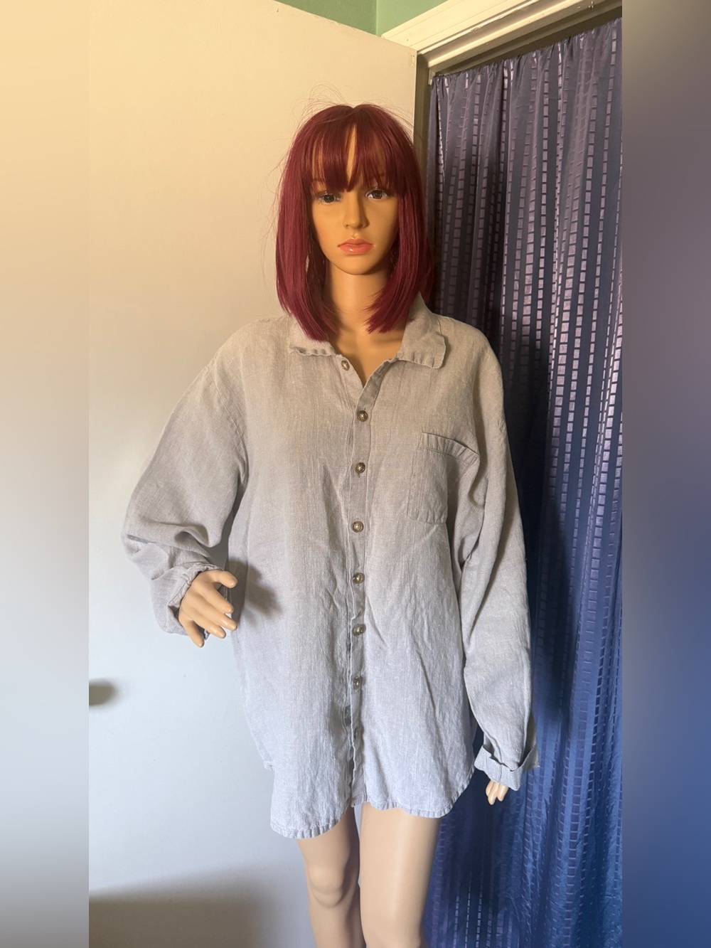FLAX 100% Linen Oversized Shirt M 52” Natural Button Front